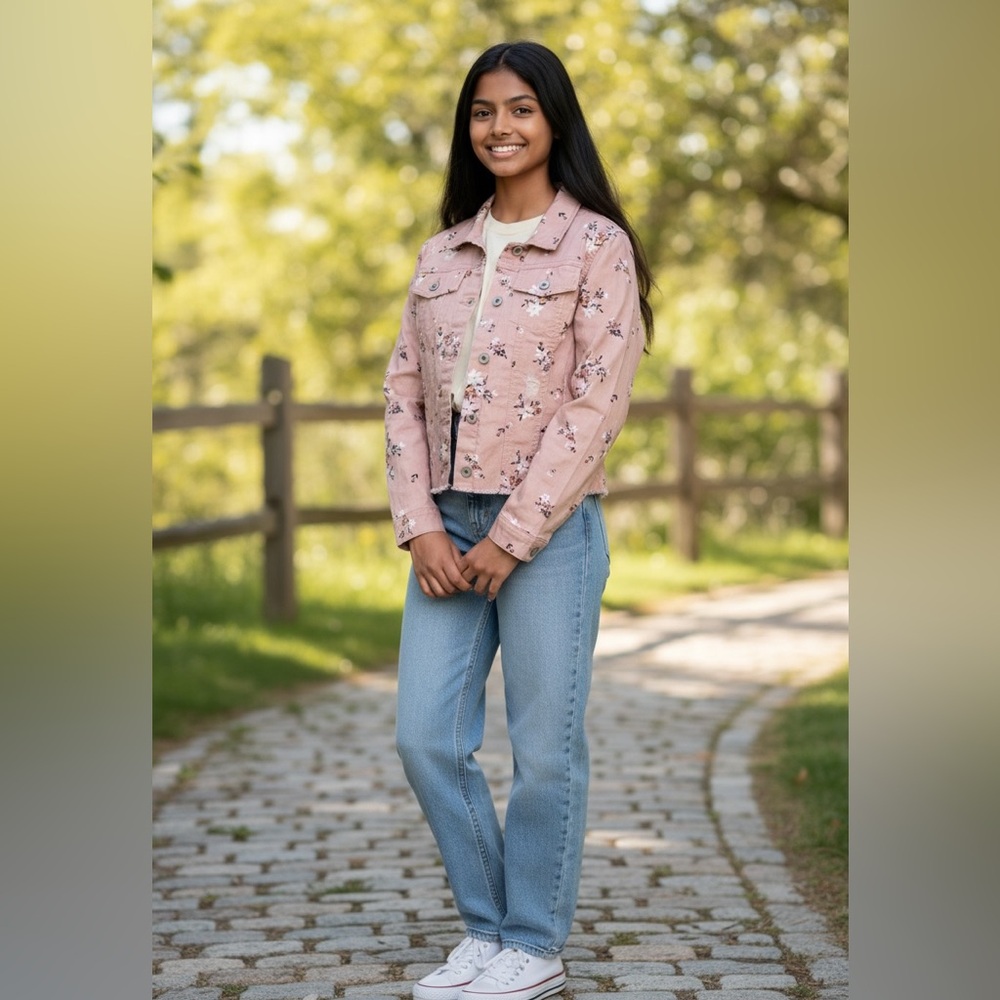 Children’s Place Pink Denim Ditsy Floral Jacket, Sz XXL/16, Cottage, Distressed